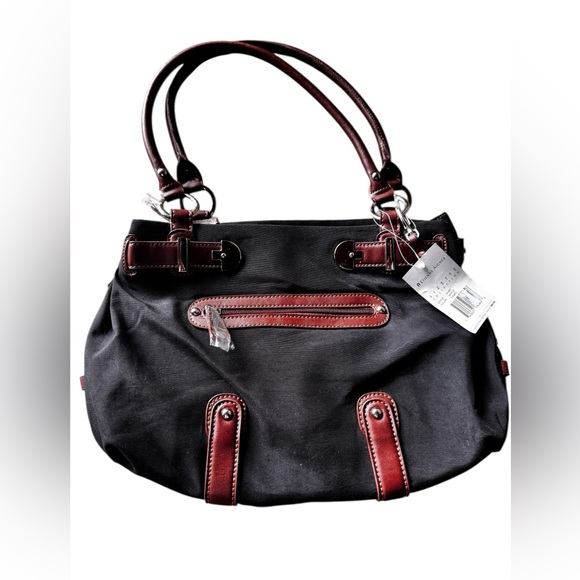 Etienne Aigner Purse Handbag Black Canvas Leather Trim Interior Pockets NWT - Picture 1 of 16